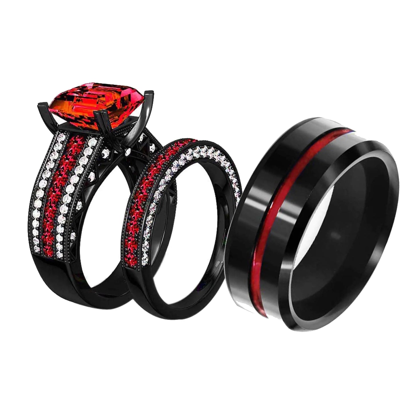 Black & Red Ruby Couples Ring Set - 10K Gold