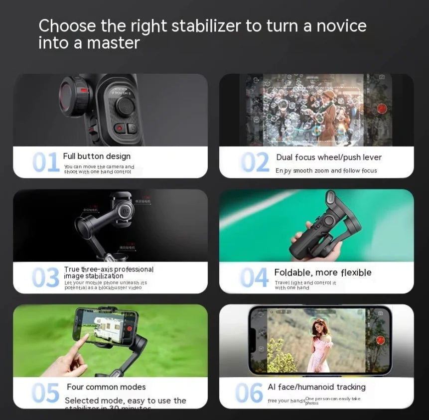 Three-Axis Mobile Phone Stabilizer Selfie Gimbal with Anti-Shake & Fill Light
