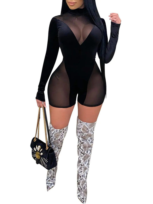 Uni Clau Women Sexy See Through Long Sleeve Short Jumpsuits Sheer Mesh Velvet Patchwork Romper Skinny Pants Club Catsuit Black 2XL