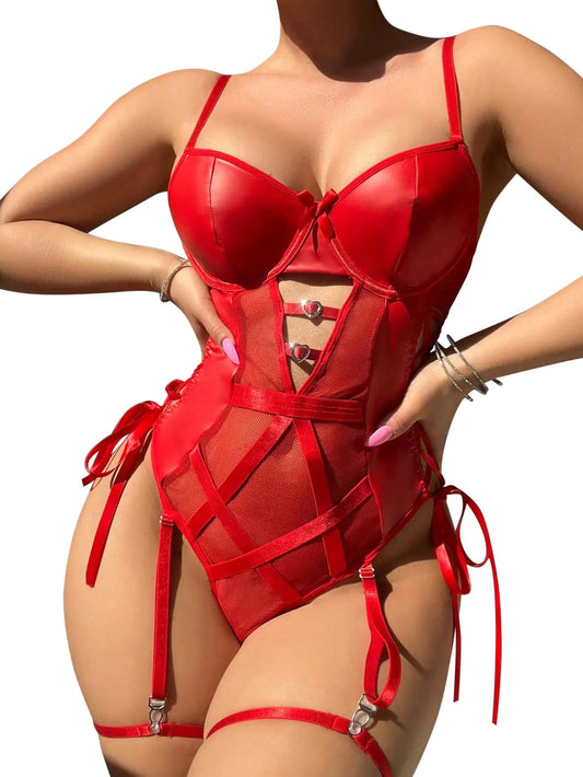 Foxiny Sexy Strappy Lace Up Underwire Sheer Leather Garter Belt Teddy Bodysuit Lingerie Top 2 Piece Set Women Push See Through Latex Outfits Red Small