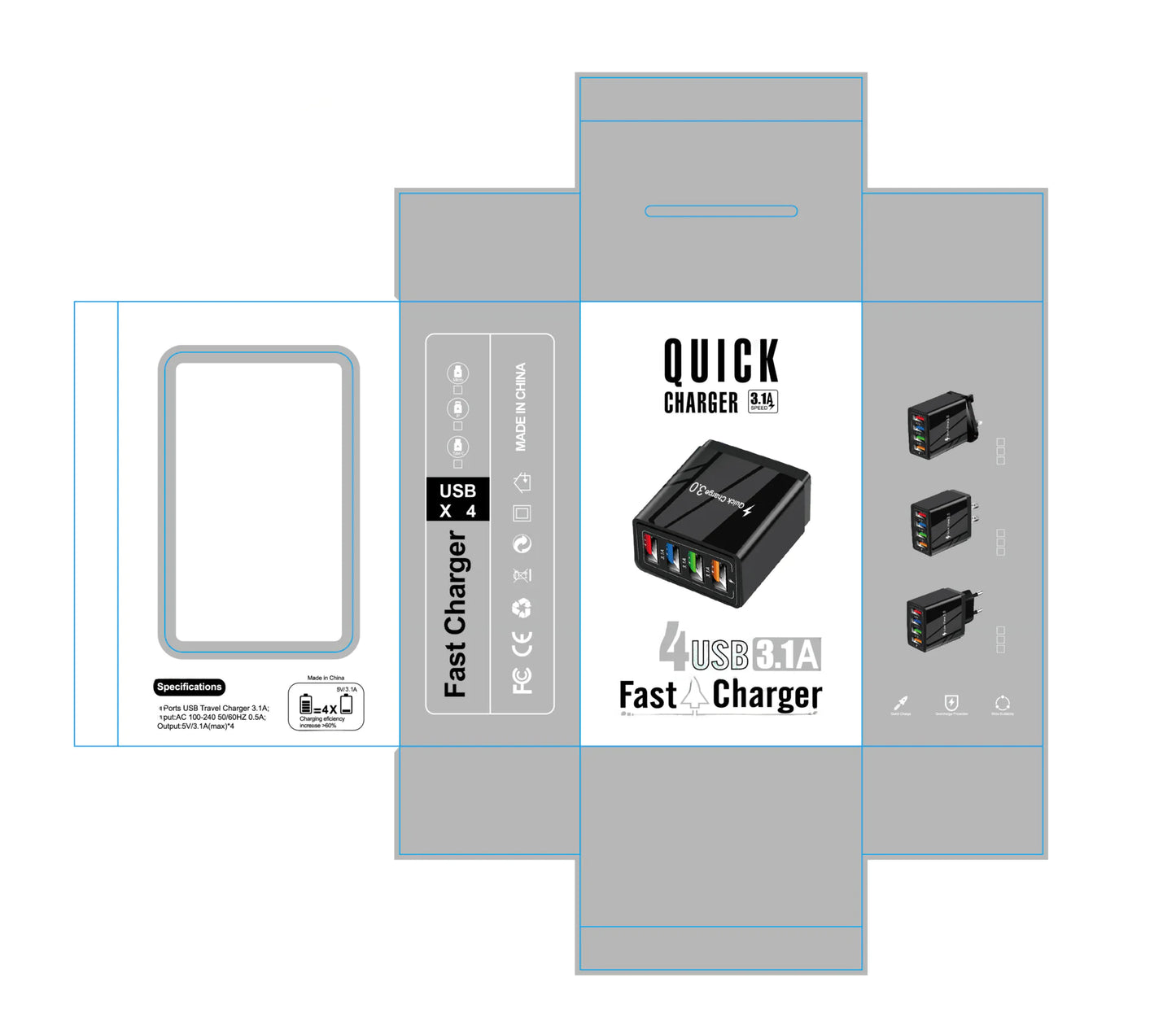 4-Port USB Phone Charger with LED Light (EU/US/UK)