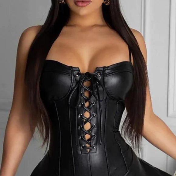 PU Leather Lace-Up Pleated Dress