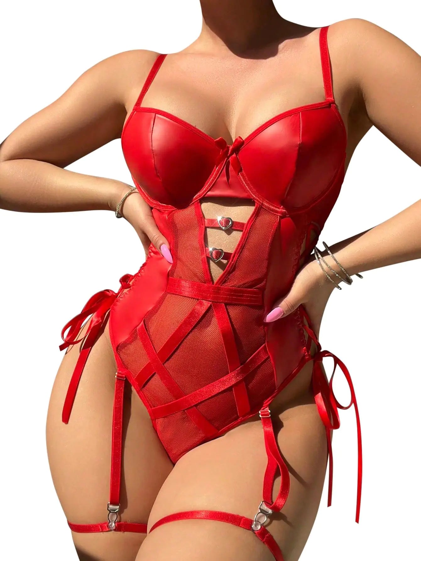 Foxiny Sexy Strappy Lace Up Underwire Sheer Leather Garter Belt Teddy Bodysuit Lingerie Top 2 Piece Set Women Push See Through Latex Outfits Red Small