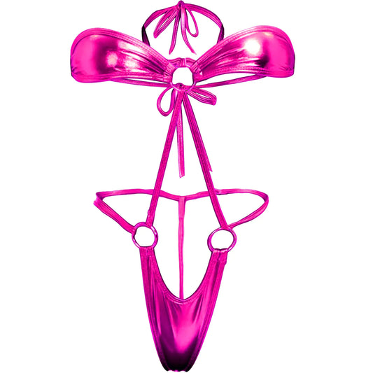 Yevin Sexy Latex Wet Look Lingerie for Women One Piece Exoctic Dancer Wear Rosered